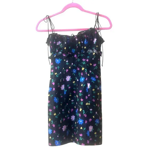 FOR LOVE & LEMONS - ROBIN RUCHED & RUFFLED BLACK FLORAL MINI DRESS NEW -SMALL - Picture 11 of 16